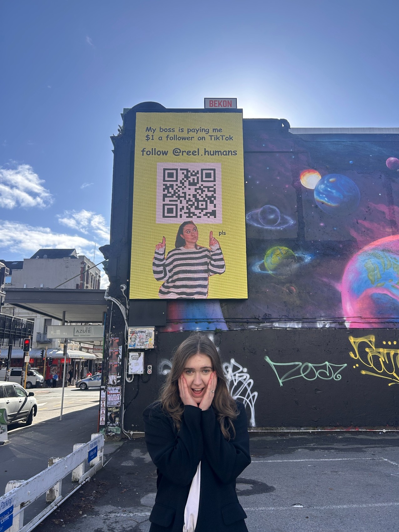 Reel Humans dollar-a-follower billboard on Cuba Street